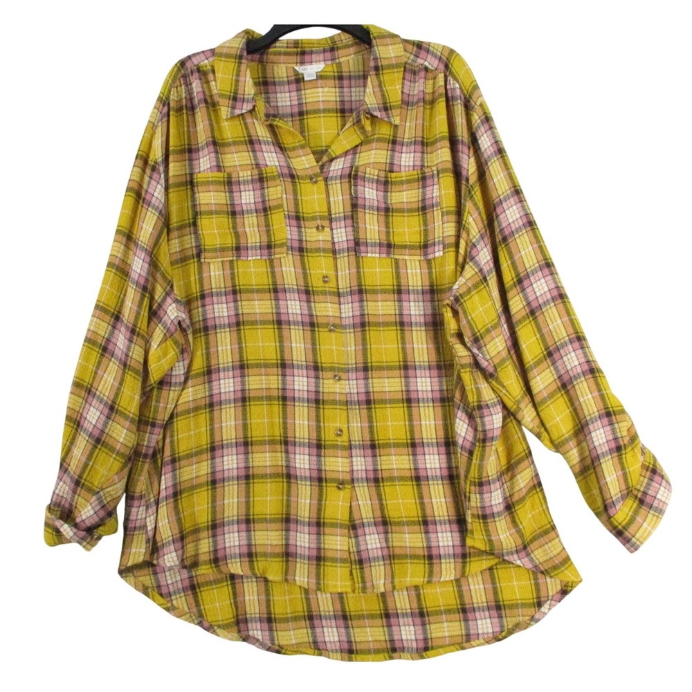 Cato Women Plus Size 22/24W Yellow Pink Plaid Button Down Shirt High Low‎ Hem